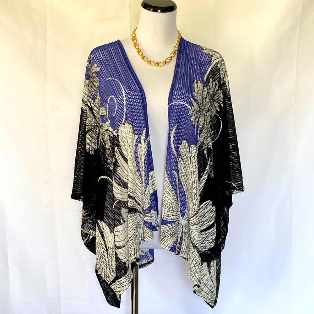 Chico's Black & Purple Floral Open Front Kimono Wrap